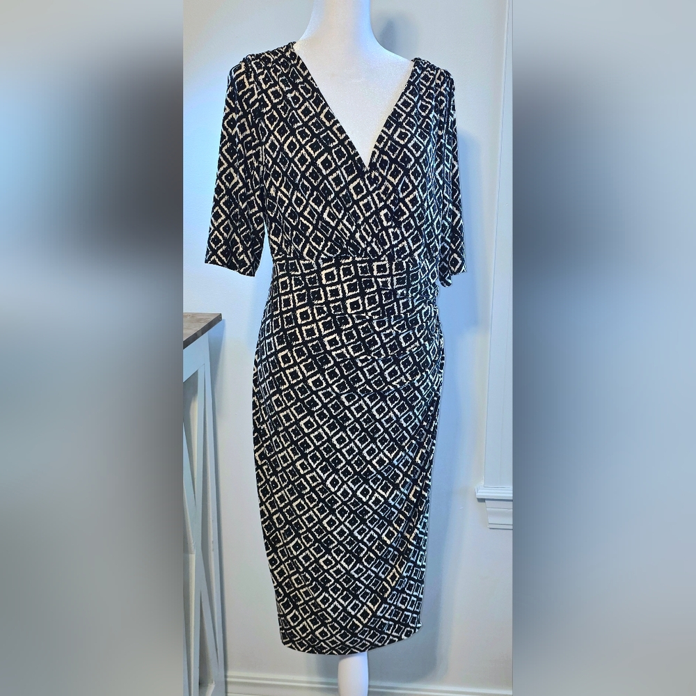 Lauren Ralph Lauren Black & Off Whi Faux Ruching Midi Wrap Dress Women's Size 14